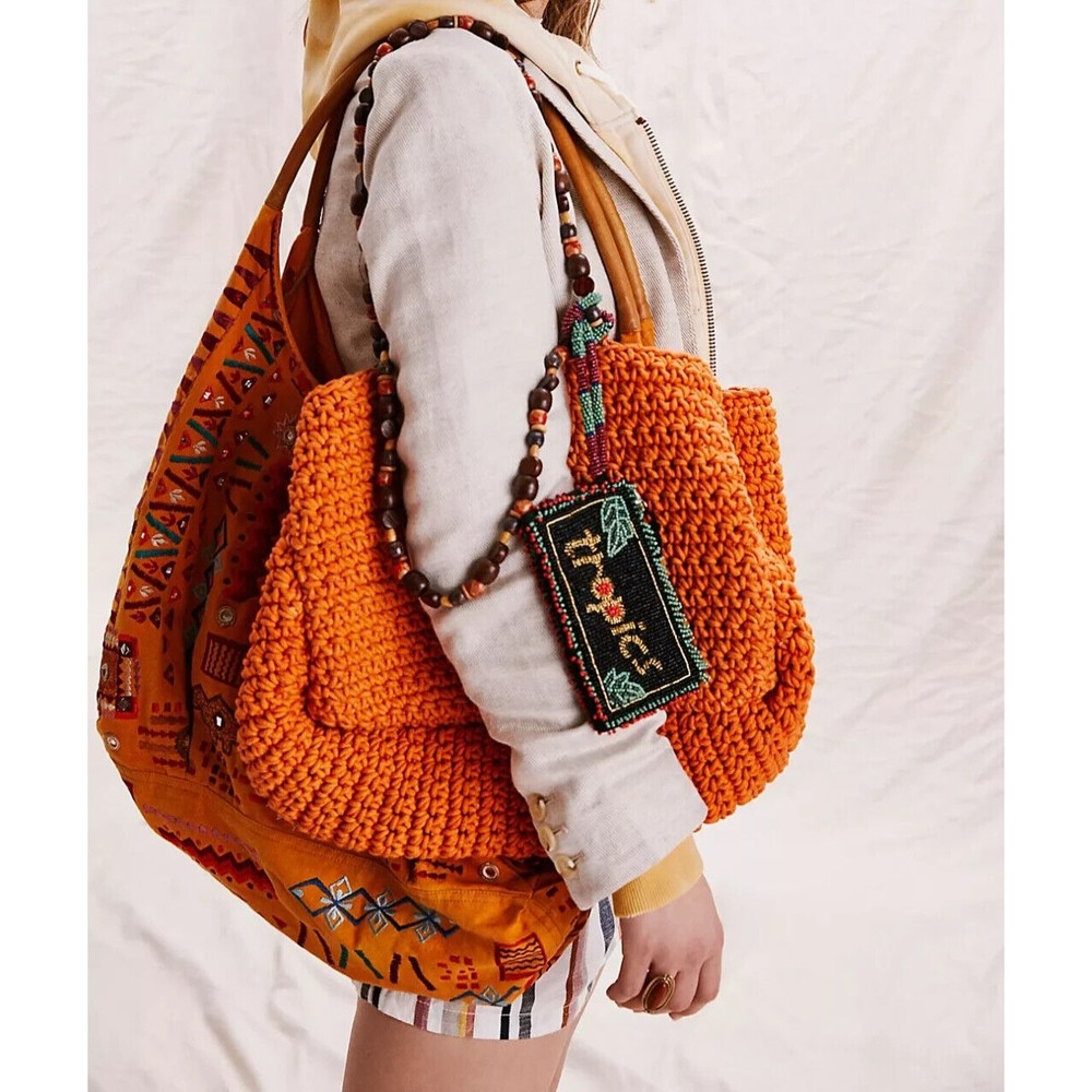 FREE PEOPLE Take Me To Tulum Tote - Orange Ombré, Beaded Handles, Beach Bag NWOT